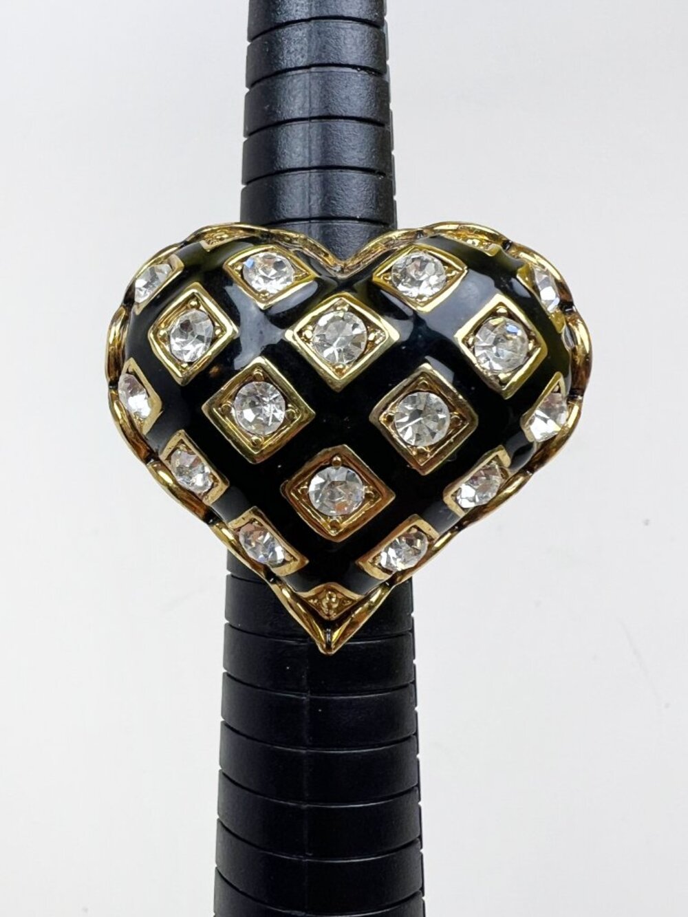 Vintage Betsey Johnson Taxi Girl Puffy Heart Ring, Sz 7, Gold & Rhinestone